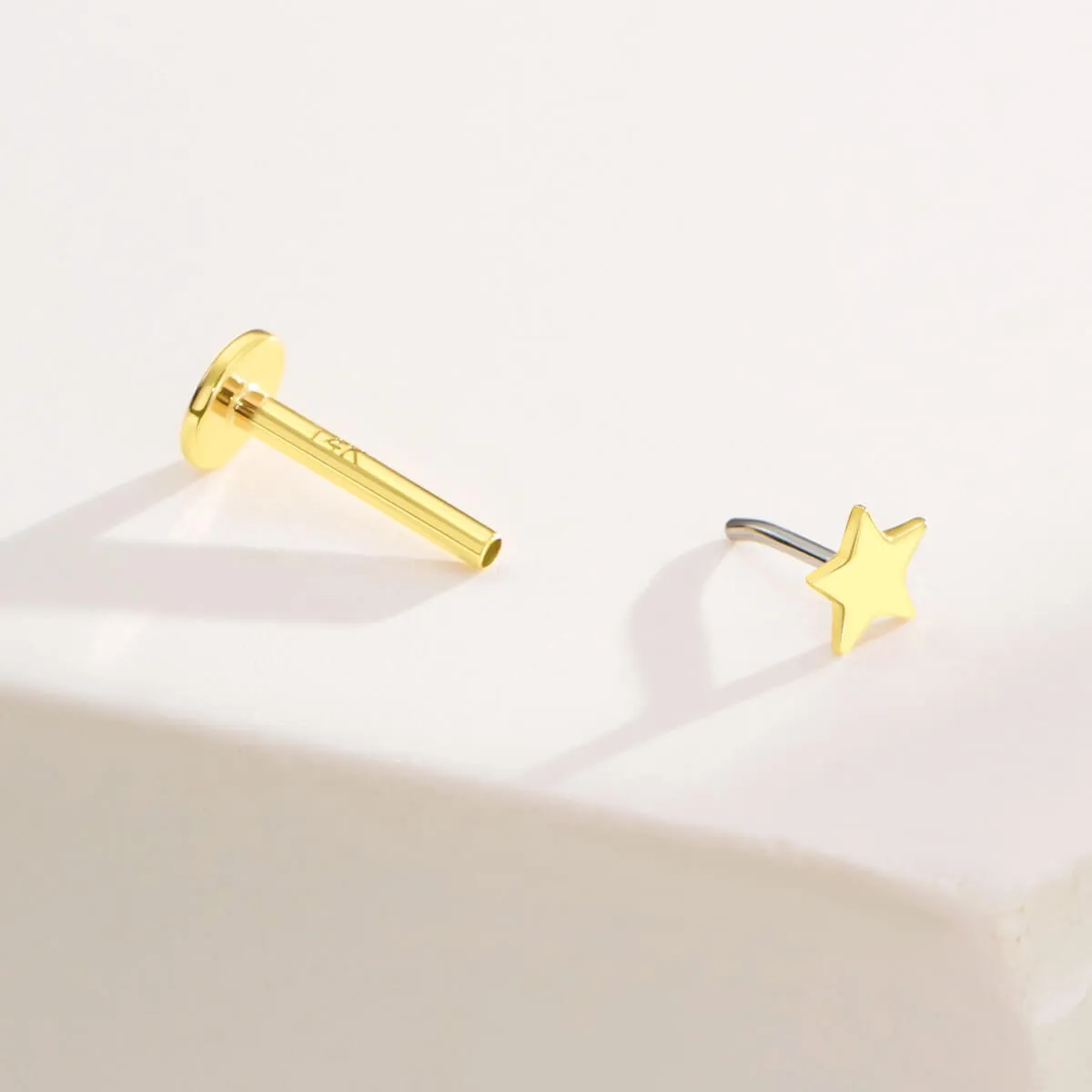 14K Solid Gold Flat Star Top Helix Earring Stud