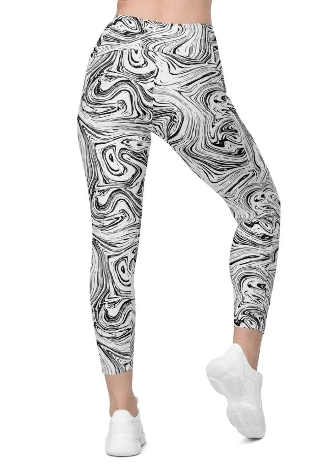 Black & White Marble Crossover Leggings With Pockets