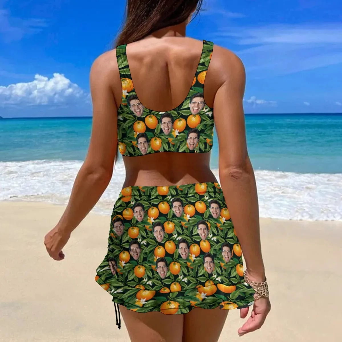 Custom Face Orange Tree Bikini Set Personalized Drawstring Chest Strap Bikini Skirt