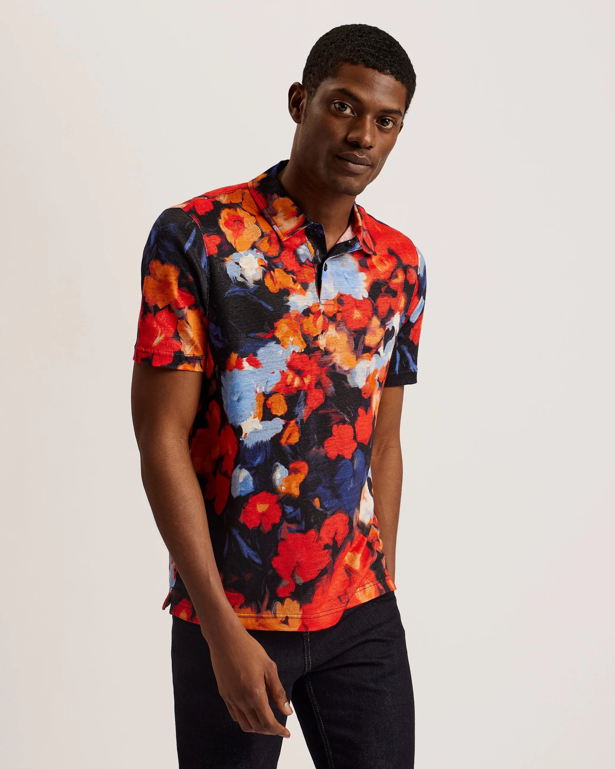 Darly Ss Regular Floral Linen Printed Polo Red