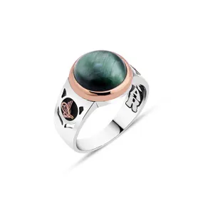 Domic Small Circle Green Tiger Eye Stone Silver Men's Ring Siding Ottoman Tughra