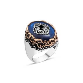 Eye Figure on Blue Ellipse Synthetic Amber Stone Silver Men's Ring with Wavy Top Pattern Around