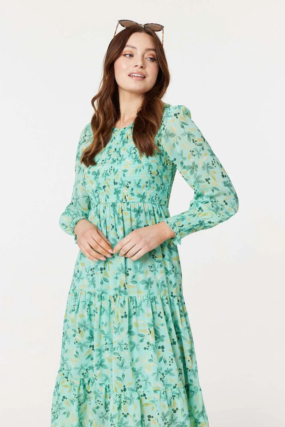 Floral Long Sleeve Midi Smock Dress