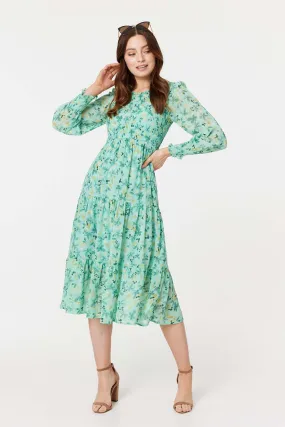 Floral Long Sleeve Midi Smock Dress