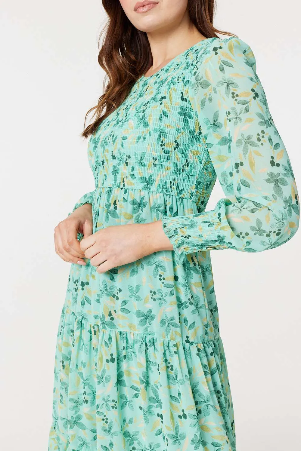 Floral Long Sleeve Midi Smock Dress