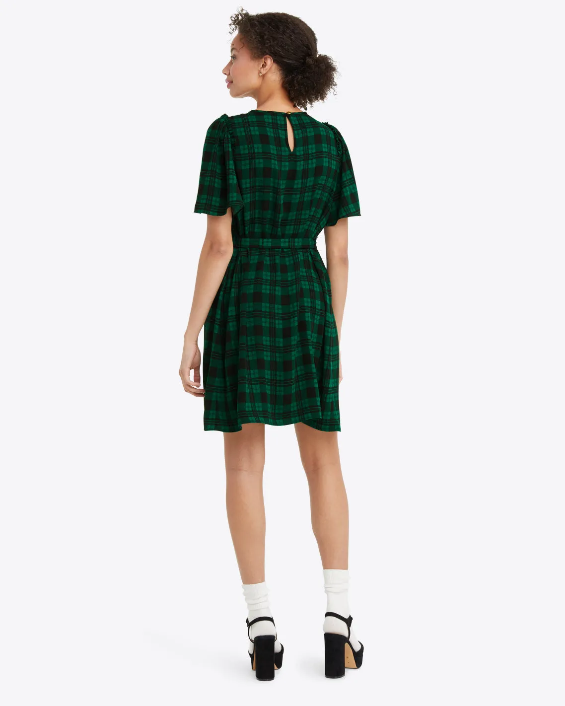 Flutter Sleeve Shift Dress in Blackwatch Plaid