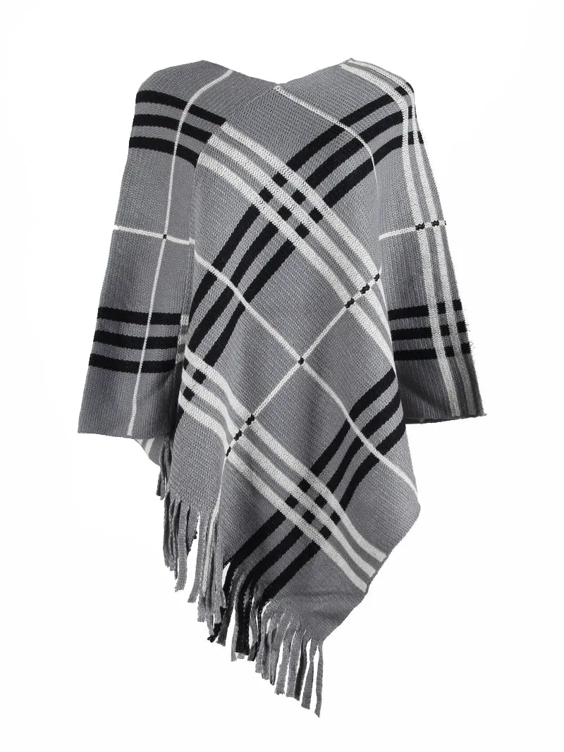 Haute Edition Women's Plaid Poncho with Fringe. One size fits all (S-XL).