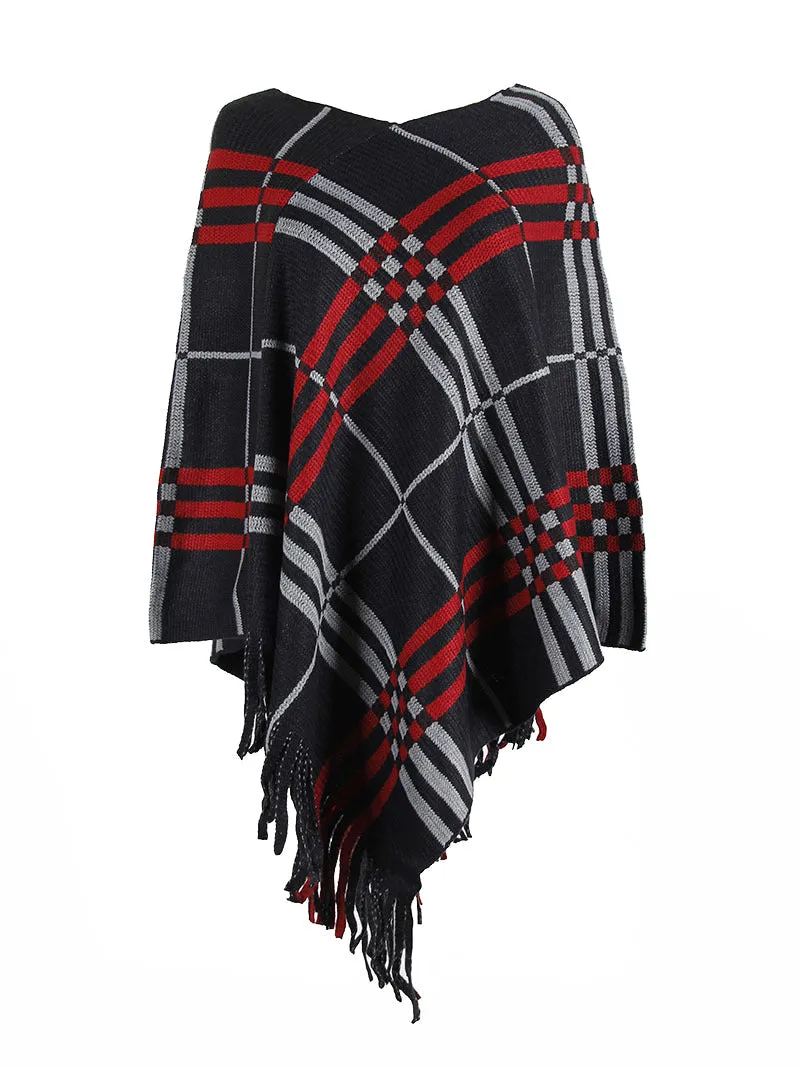 Haute Edition Women's Plaid Poncho with Fringe. One size fits all (S-XL).