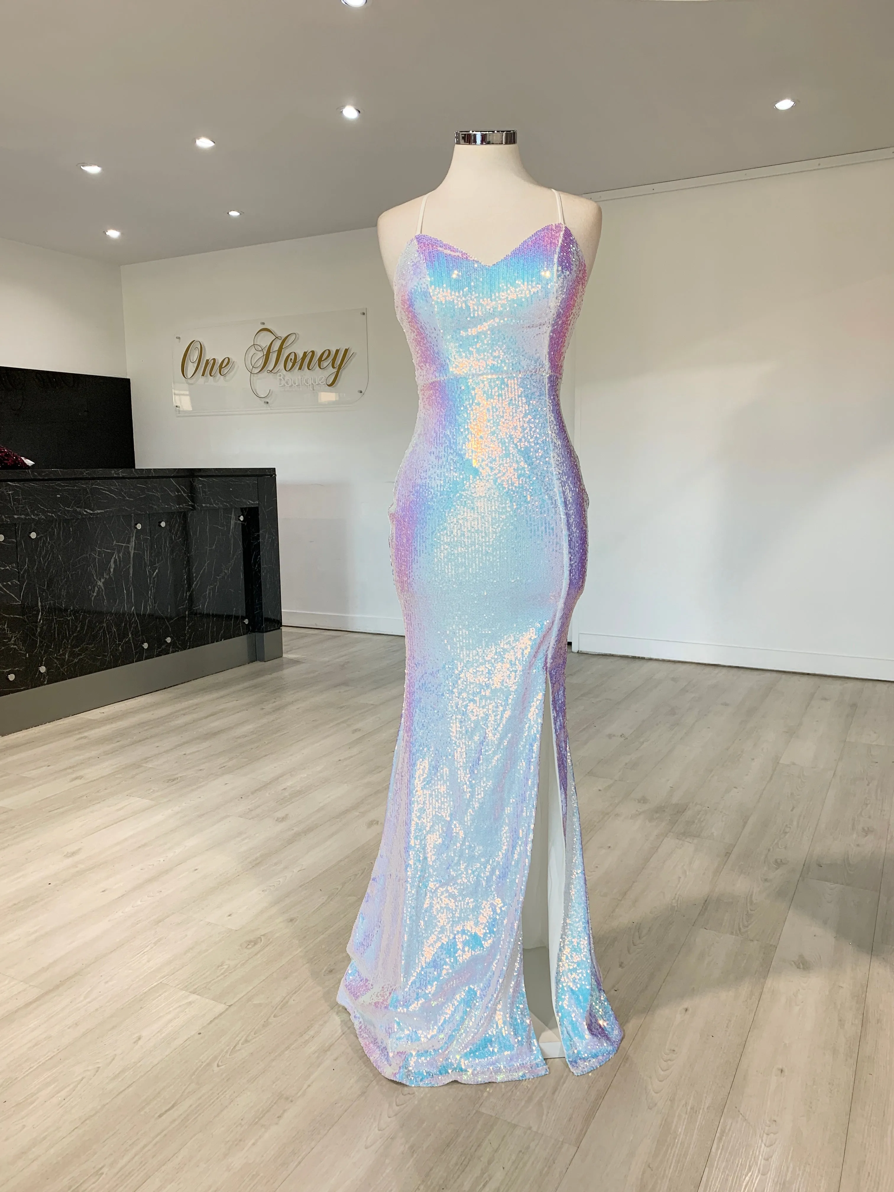 Honey Couture AMETHYST Iridescent Silver Mermaid Evening Gown Dress