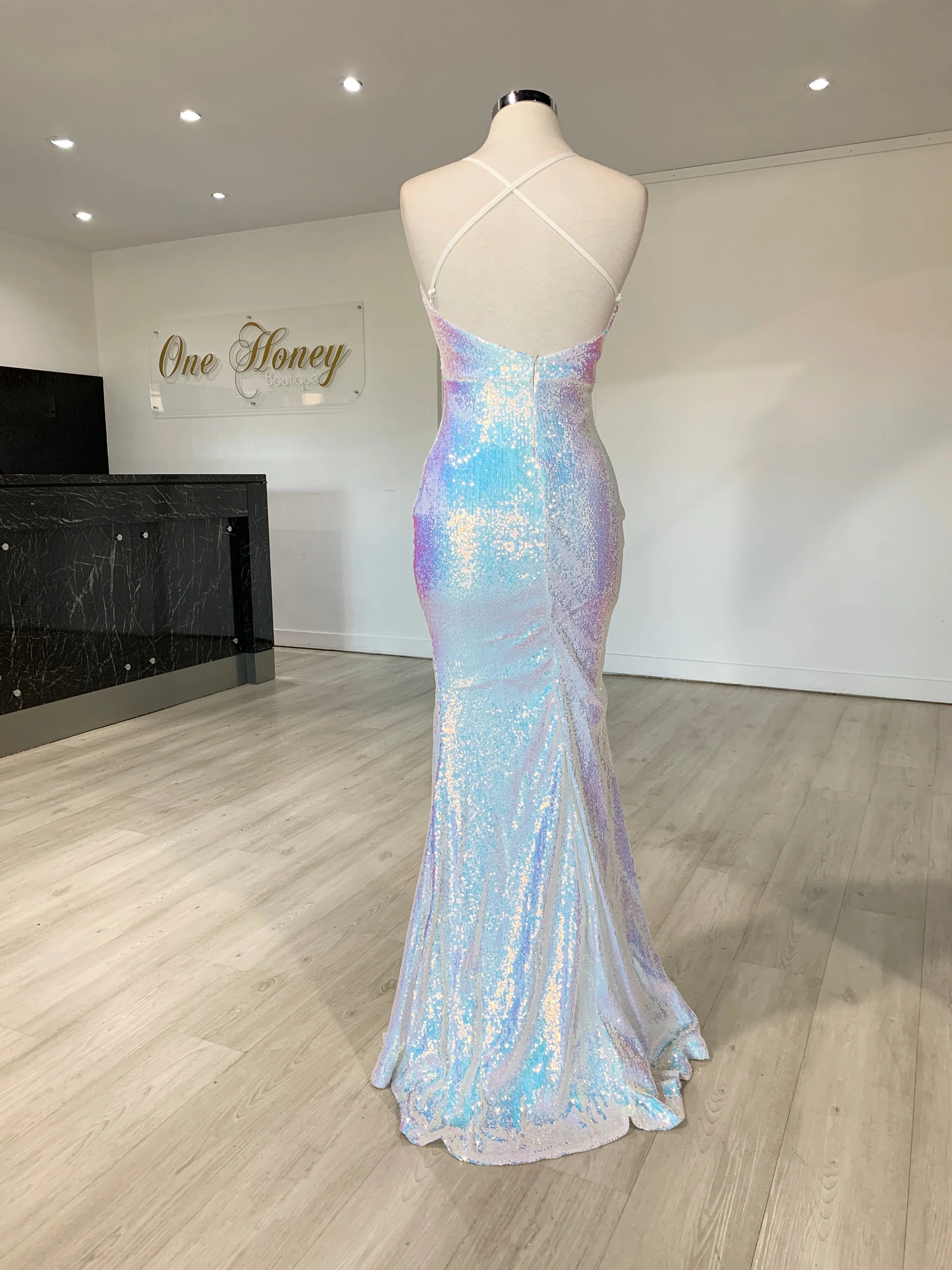 Honey Couture AMETHYST Iridescent Silver Mermaid Evening Gown Dress