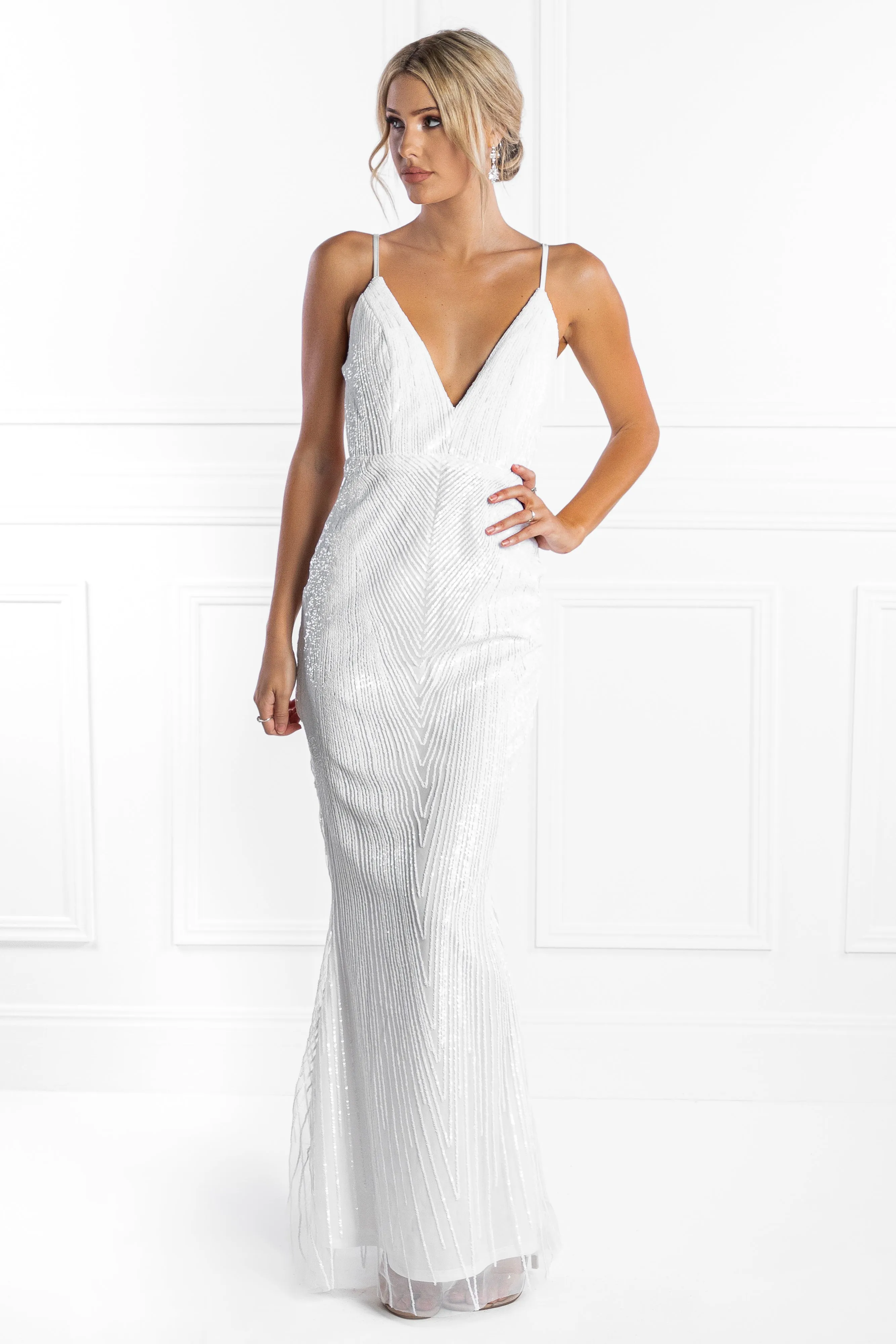 Honey Couture JAYLEN White Sequin Low Back Evening Gown Dress