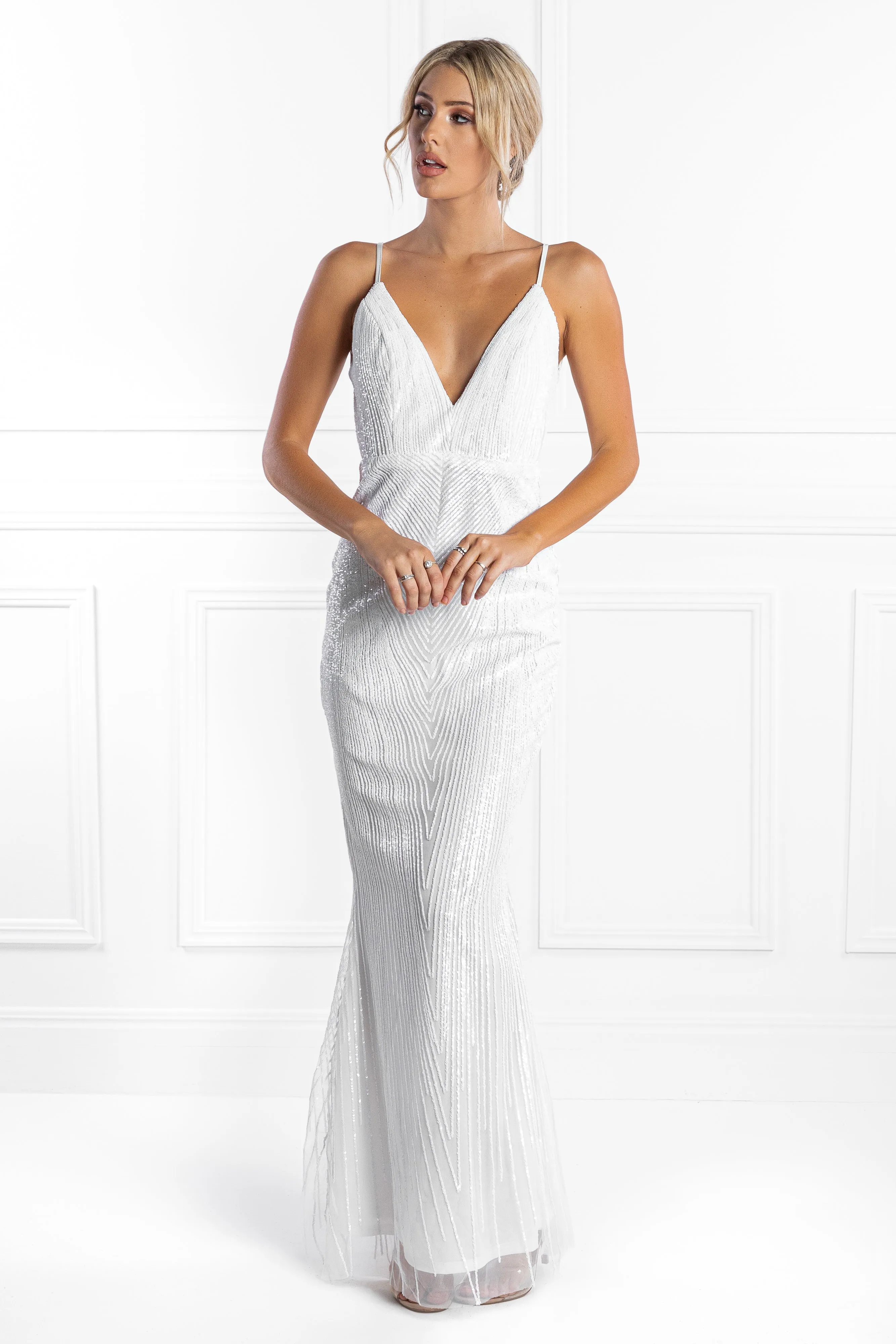 Honey Couture JAYLEN White Sequin Low Back Evening Gown Dress