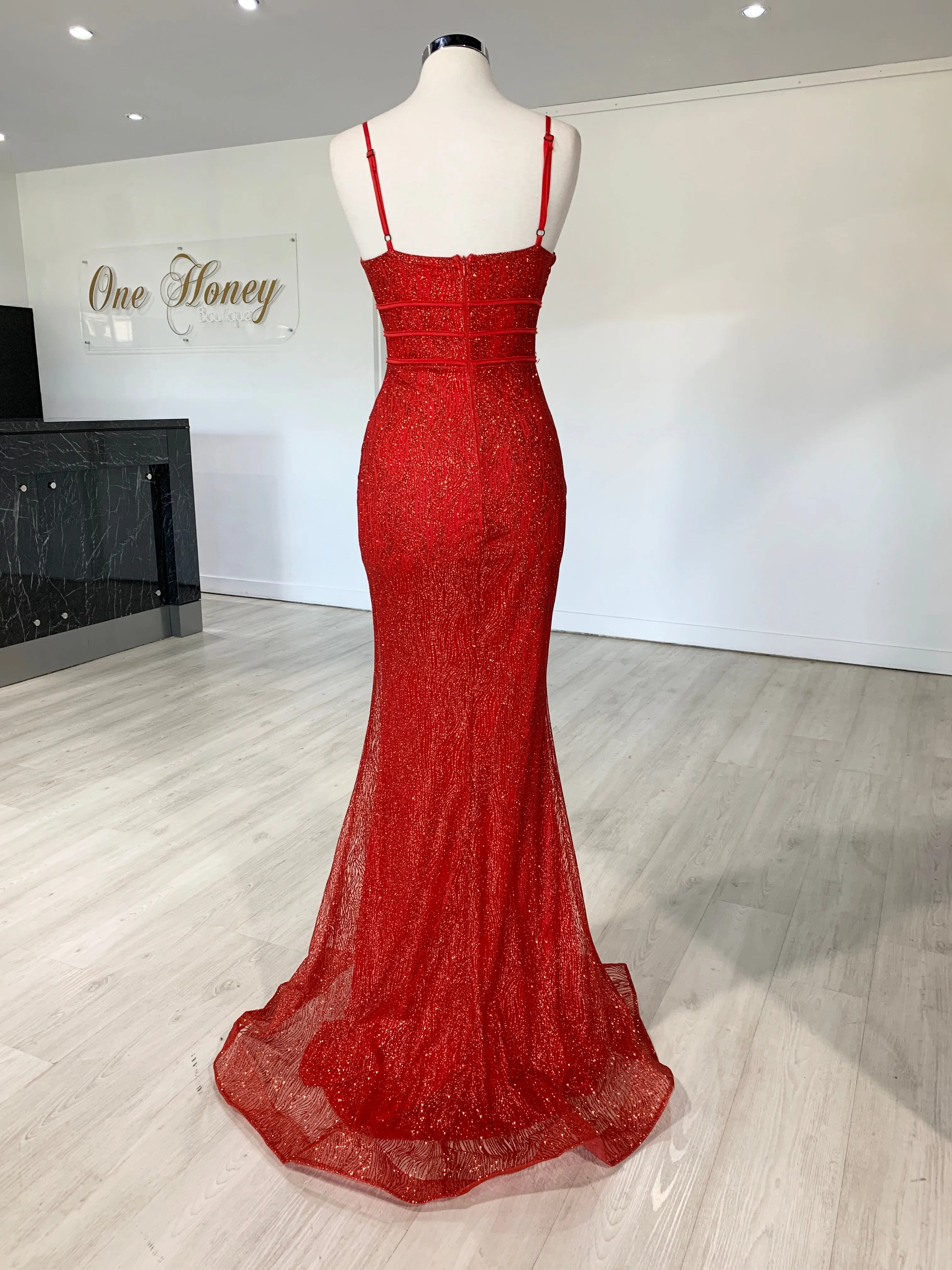 Honey Couture SARAI Red Glitter Mermaid Evening Gown Dress