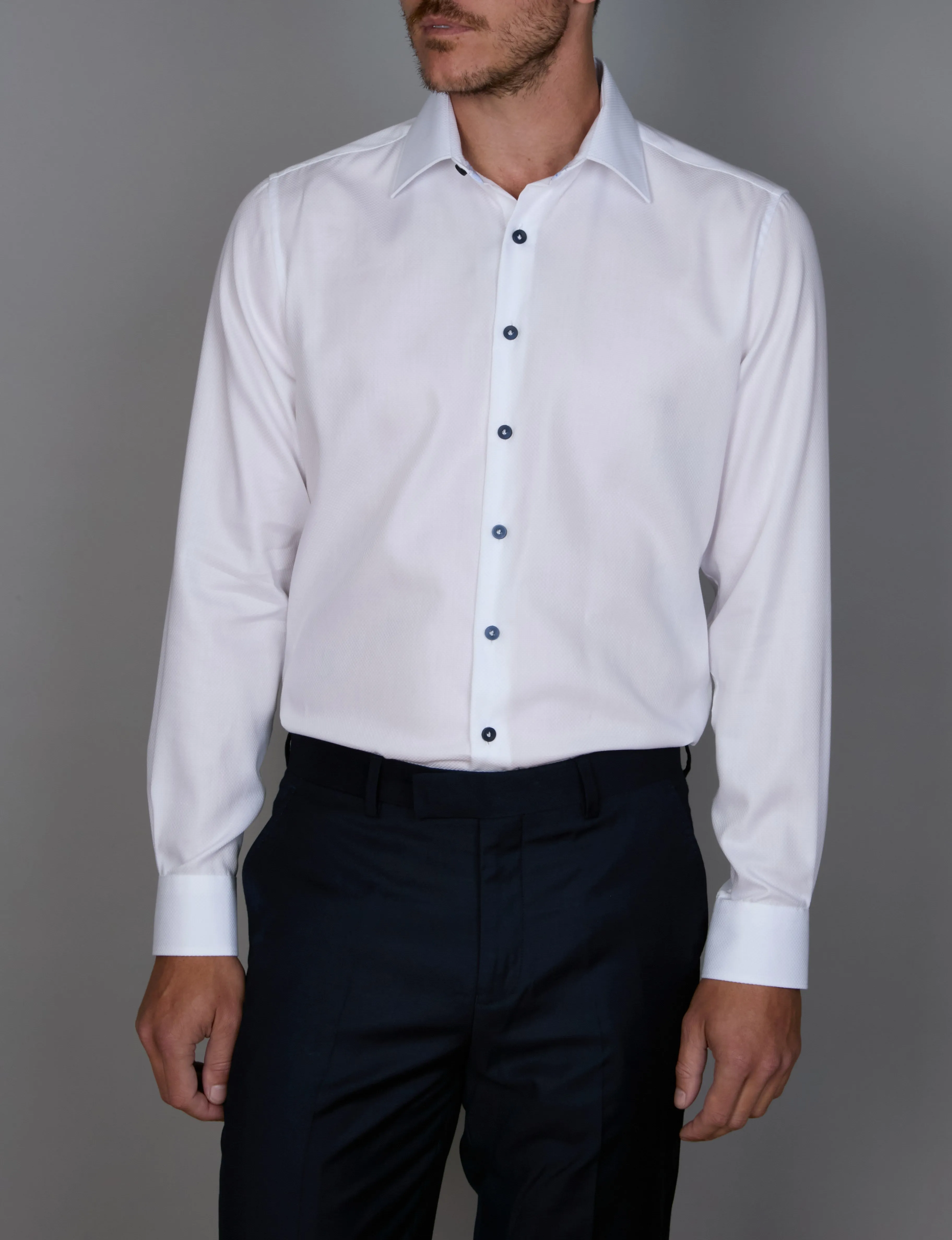 Long Sleeve Business Shirt - Micro Check Dobby - White