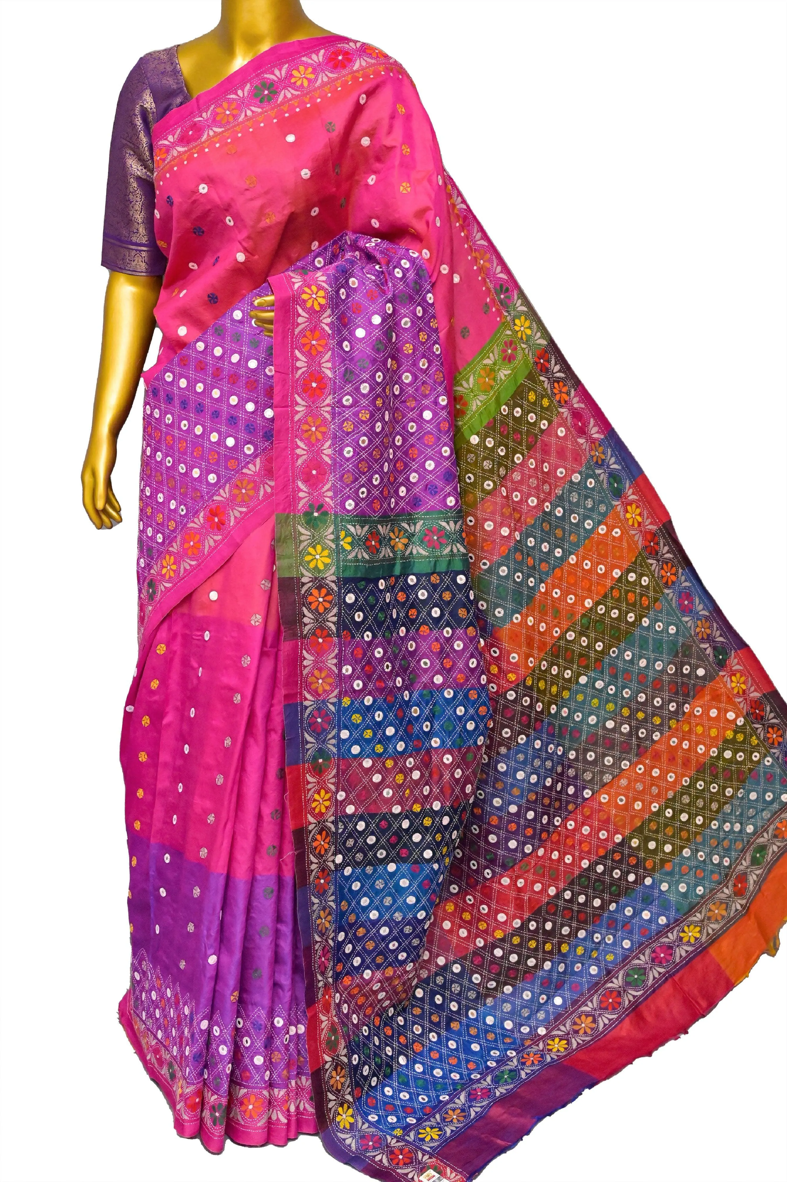 Magenta and Multiple Shades Bishnupur Katan Silk with Hand Kantha Stitch and Mirror Work