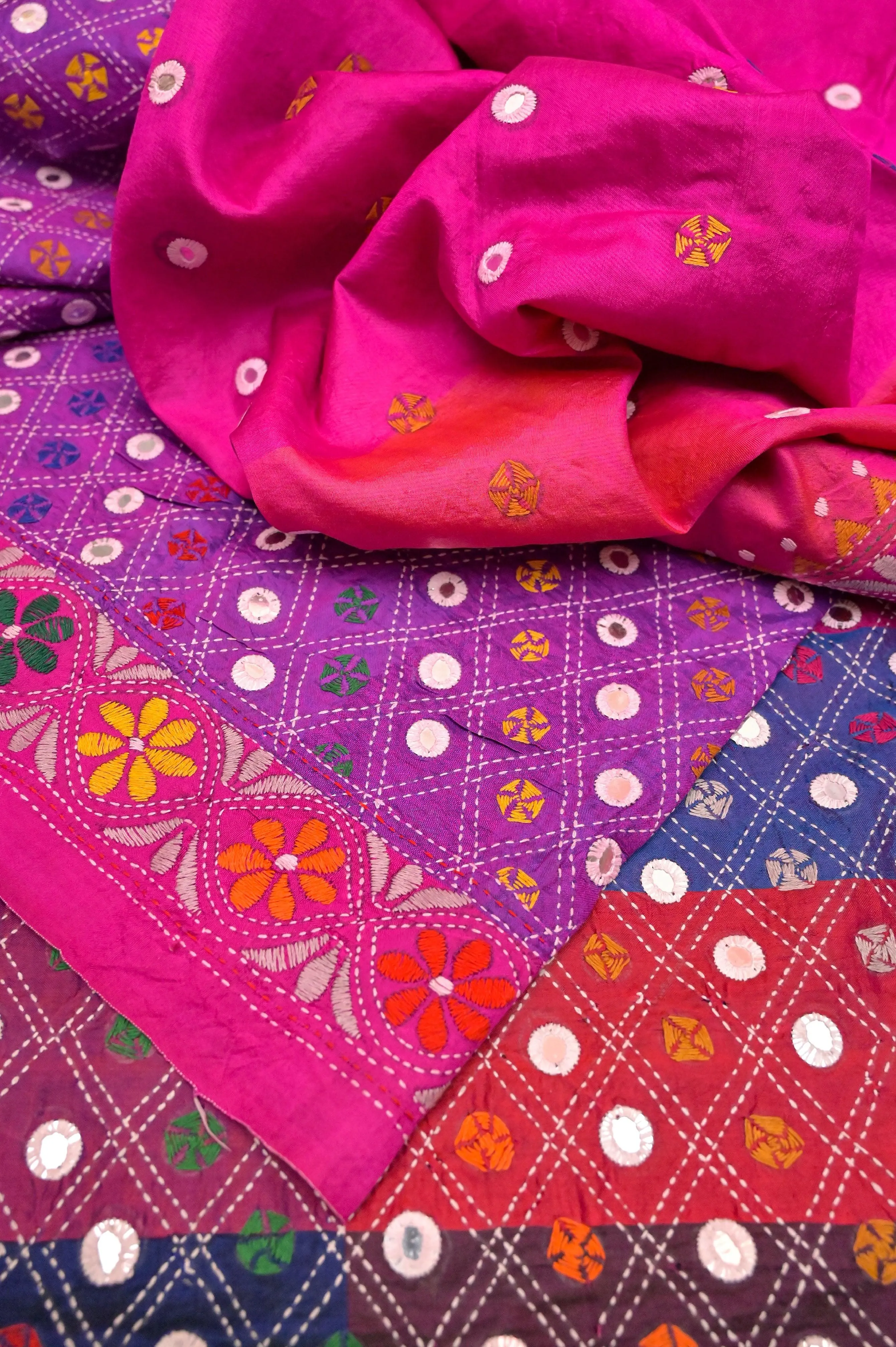 Magenta and Multiple Shades Bishnupur Katan Silk with Hand Kantha Stitch and Mirror Work