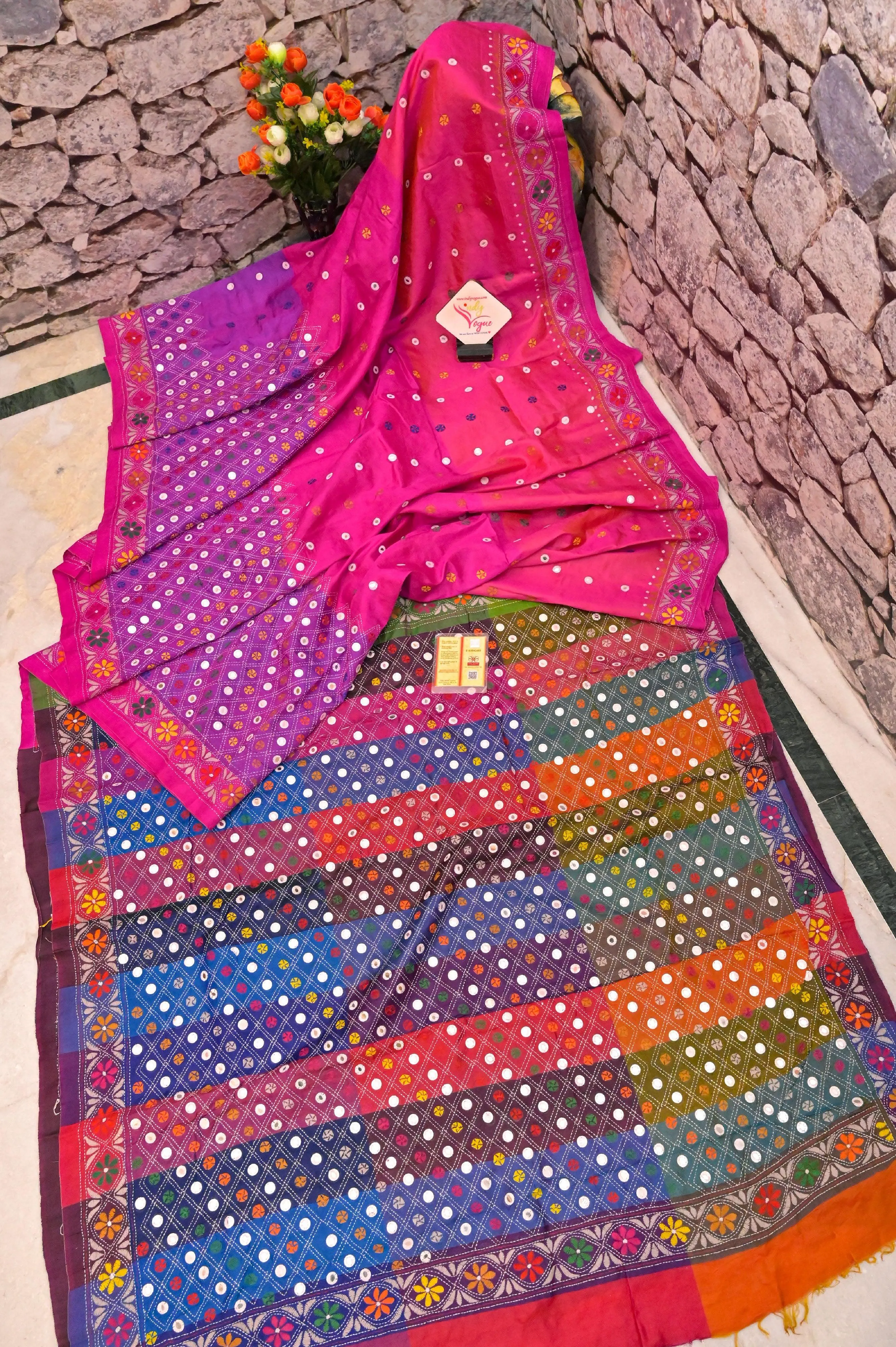 Magenta and Multiple Shades Bishnupur Katan Silk with Hand Kantha Stitch and Mirror Work