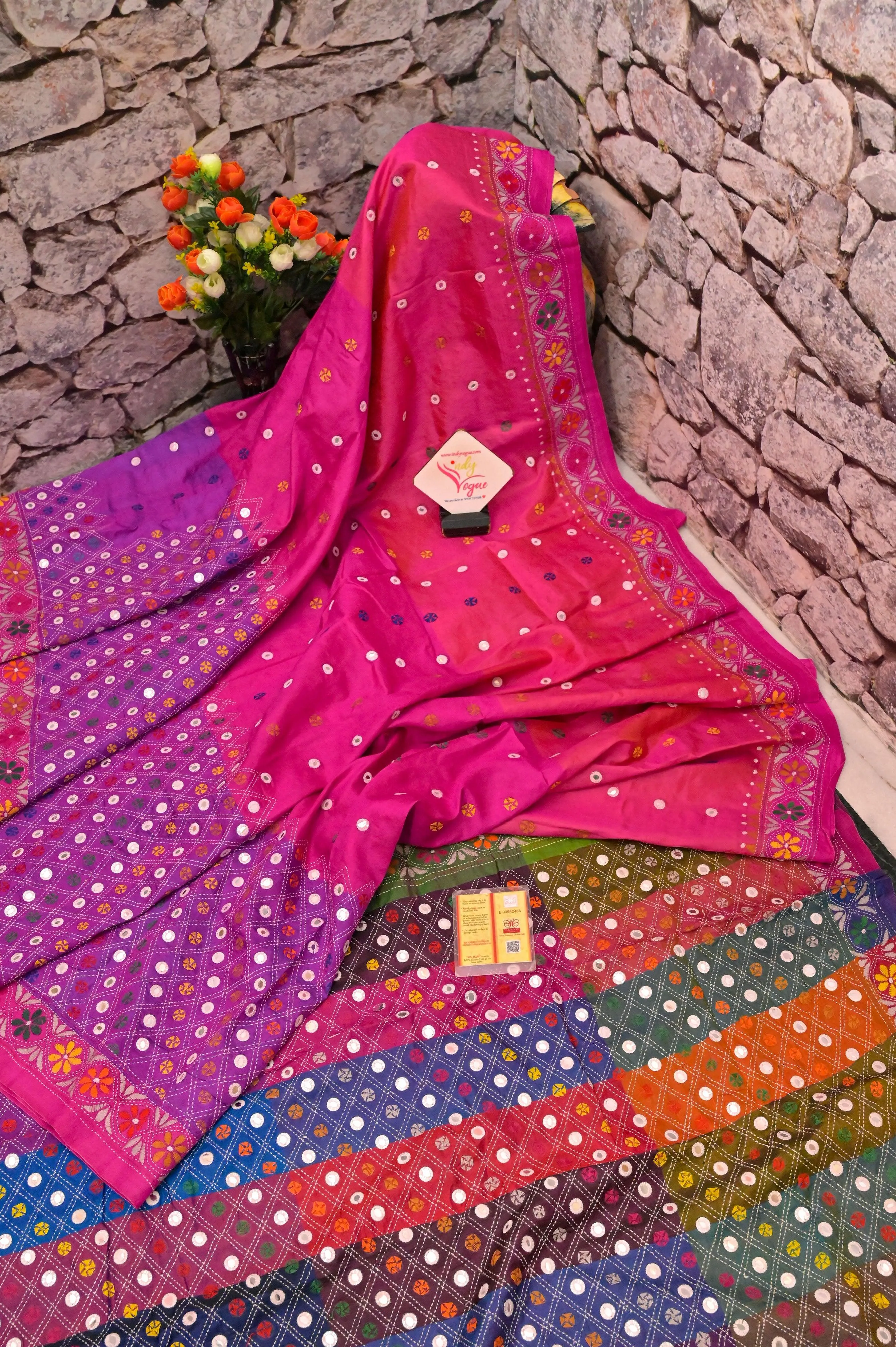 Magenta and Multiple Shades Bishnupur Katan Silk with Hand Kantha Stitch and Mirror Work