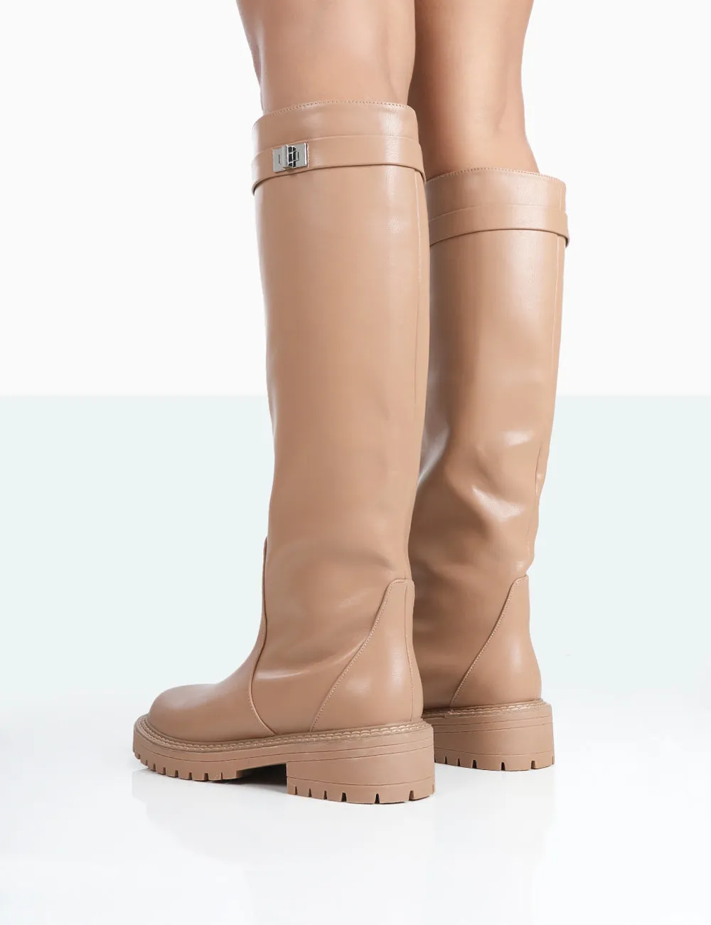 More Fun Caramel PU Round Toe Chunky Sole Knee High Boots