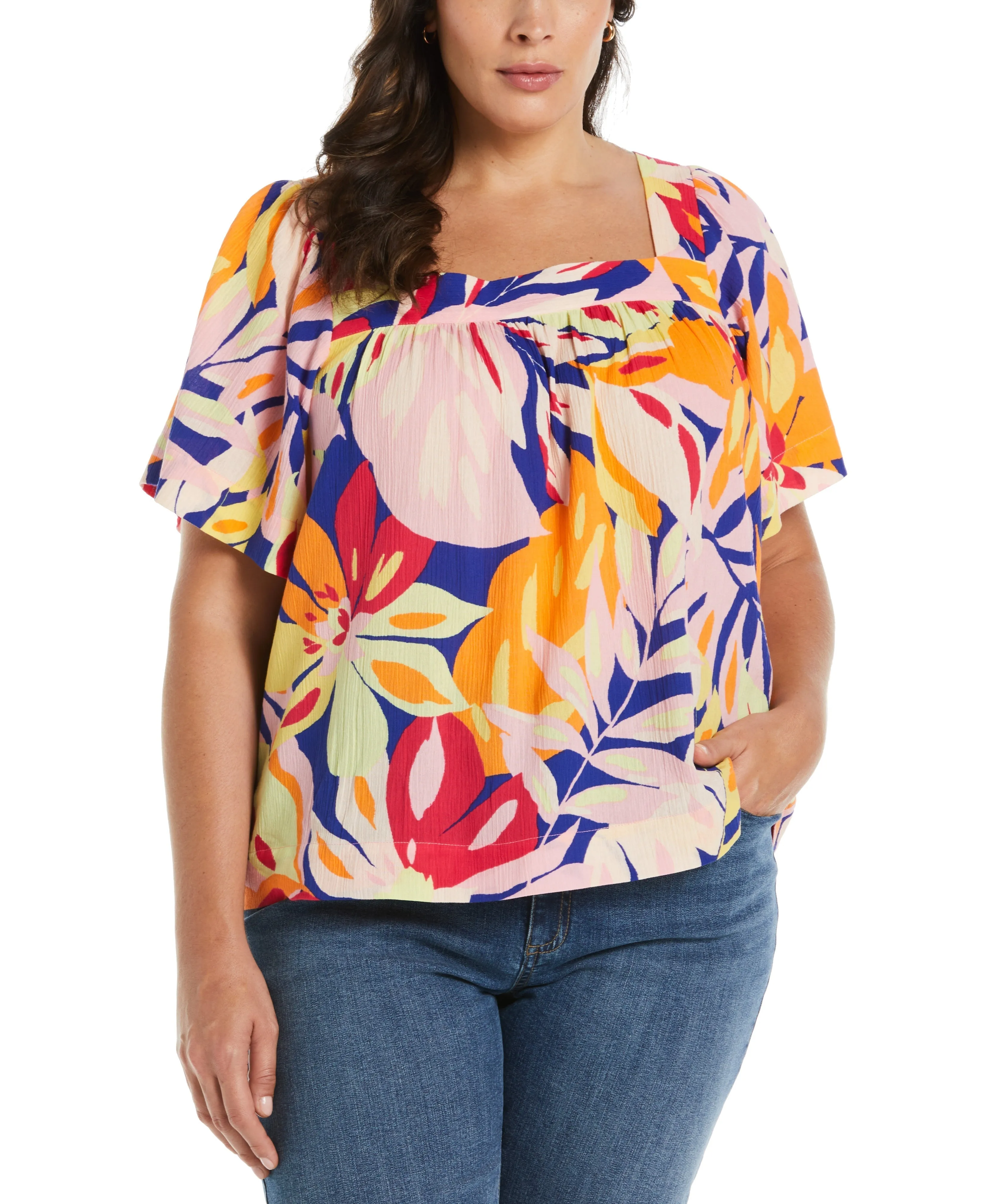 Plus Size Square Neck Flare Sleeve Top