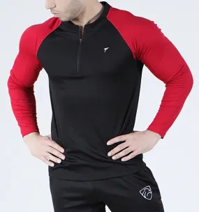 Tf-Black And Red Zipper Raglan Mesh top