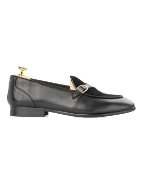 Theo Belgian Suede Loafer - Solid Black Single Strap Croco