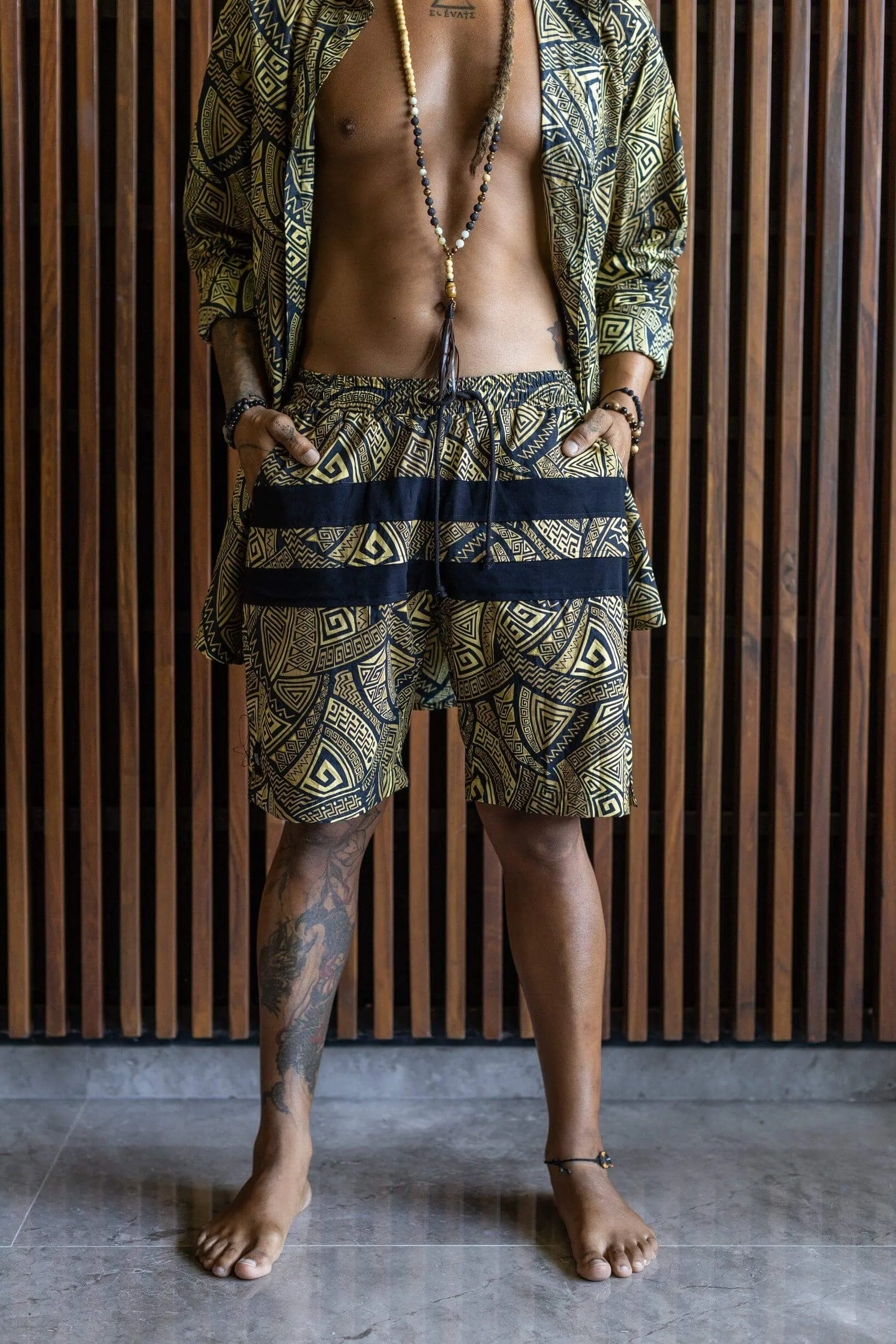 VALO SPIRIT PANTAI SHORTS Black & Gold Tribal - Light Summer Shorts